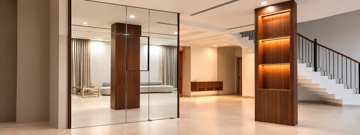 Custom interior decor with mirror wall, column cladding and console in Al Mawaleh, Muscat